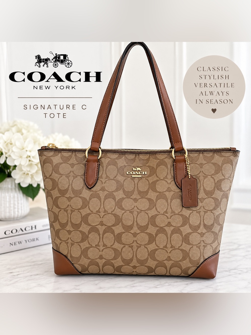 Coach Signature C Canvas Brown Leather Zip Top Tote Bag